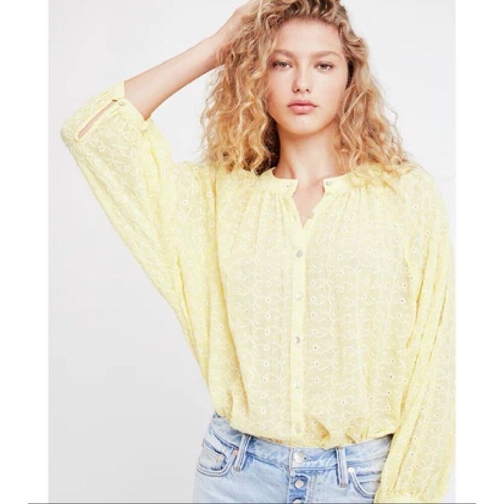 Free People Down From The Clouds Embroidered Cotton Blouse Yellow Size Large